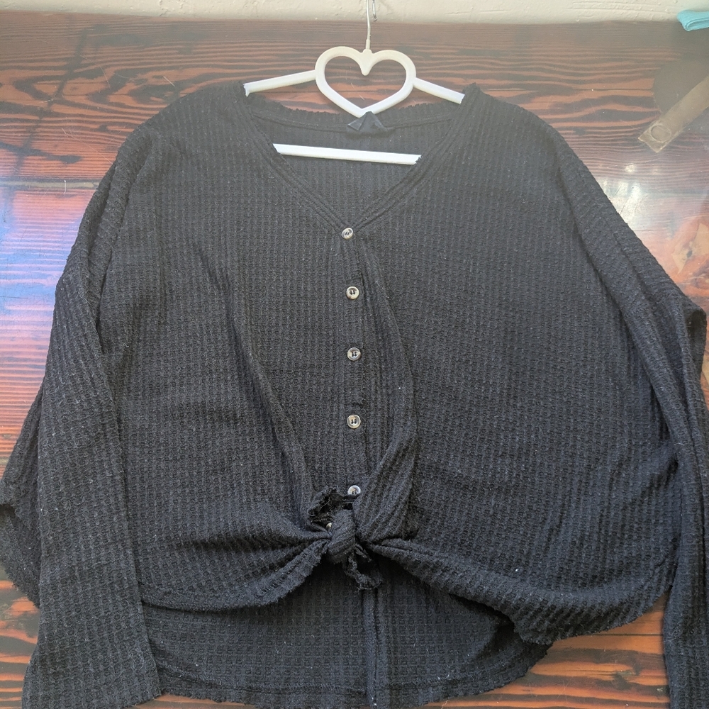 Out From Under by Urban Outfitters Black Waffle Knit Tie Front Top – XS